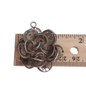 Vintage Handmade Sterling Silver Vintage Dark Tone Filigree Flower Motif Pendant thumbnail 4