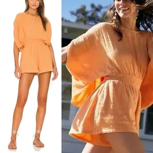 ✨ Free People ✨ Pietro Tie Back Romper 100% Cotton in Suntan ~ Size XS 🍄 thumbnail 3