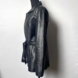 Vintage Outbrook Black Leather Jacket Womens Large Belted Zip Coat 90s thumbnail 2