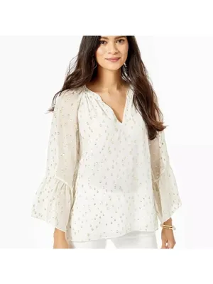 Lilly Pulitzer Coconut White Silk Gold Metallic Matilda Top Flounce M thumbnail 2