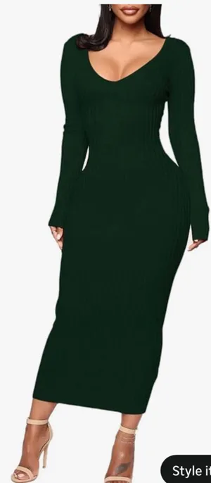 NEW Green Ribbed Sweater Bodycon V Neck Off Shoulder Midi Dress 1X thumbnail 1