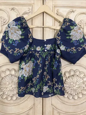 Farm Rio FLOWER TAPESTRY BLUE FLOWERED YOKE BLOUSE Size XSmall thumbnail 11