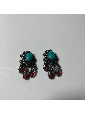 Turquoise & Coral-Red Stone Clip-On Earrings unmarked vintage y2k boho chic thumbnail 5