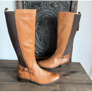 Born Campbell Equestrian Tall Riding Boots Cognac Leather 8.5 Brass Buckle Strap thumbnail 1