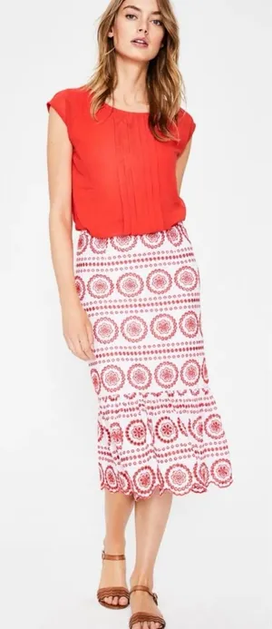 Boden Broderie Embroidered‎ Scalloped Lined Hem Midi Skirt Red White Size 2P thumbnail 1