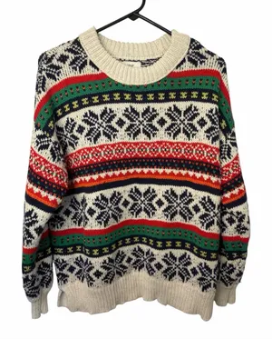 aerie Cream Fair Isle Crewneck Sweater with Navy, Red and Green Stripes thumbnail 1