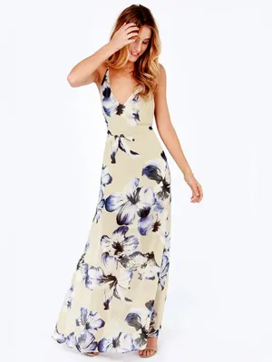 LUSH Long Ivory & Blue Floral Maxi Dress Sz S thumbnail 4