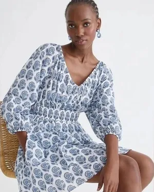 J.Crew V Neck Bouquet Block White Blue Dress Fit Flare XS Spring thumbnail 1