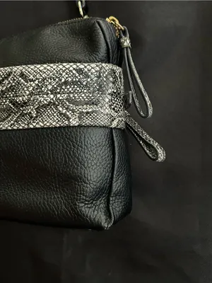 Halston Leather Black Crossbody Bag with Snake-Print Trim thumbnail 10