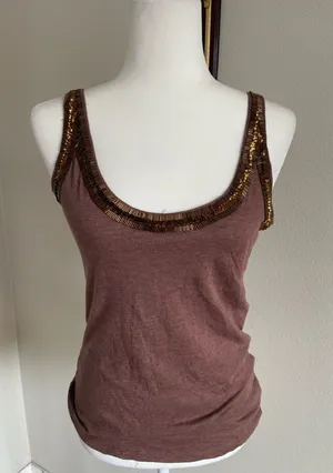 Threads 4 Thought Mauve Brown Tank with Gold Beaded Trim Size M thumbnail 1