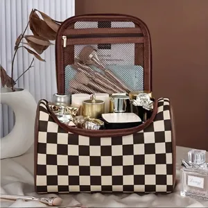 Brown Checker Faux Leather Cosmetic Makeup Bag Boxy Travel Case NWT thumbnail 4
