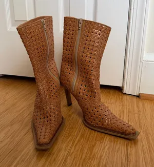 Vintage Woven Leather Brown Pointed Toe Heeled Boots EU 39 US 8 thumbnail 1