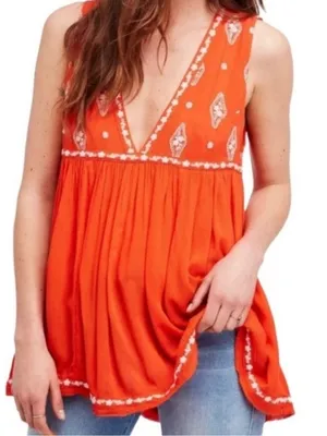 Free People Embroidered Tunic Top Size Small Diamond Orange Boho Beach thumbnail 1