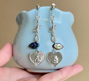 Handmade Kawaii y2k Goth vintage antique romance style angel/cherub & Czech glass beads unique earrings🌙👼✨ thumbnail 1