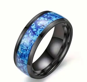 Unisex Stainless Steel Light Blue/ Black Ring Size 8 thumbnail 1