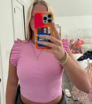 pink zara ruffle top thumbnail 1