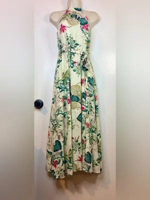 SHEIN XS 2 Tropical Floral Halter Maxi Dress Cream Green Pink Viscose Belted thumbnail 5