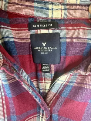 American Eagle Boyfriend Fit Plaid Flannel Shirt M Pearl Snap Red Blue Western thumbnail 6