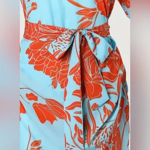 Plant Print V Neck Casual Asymmetrical Hem Tie Waist Dress thumbnail 4