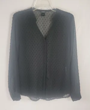 Ann Taylor Navy Blue Swiss Dot Sheer Collarless V Neck Long Sleeve Blouse Top S thumbnail 1