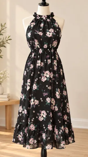 Sweet Lemon Floral Maxi Dress M Black Halter Neck Ruffle Boho NWT thumbnail 1