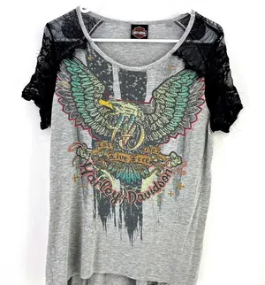 Harley Davidson Loose T-shirt Lace Sleeves Blingy Eagle thumbnail 1