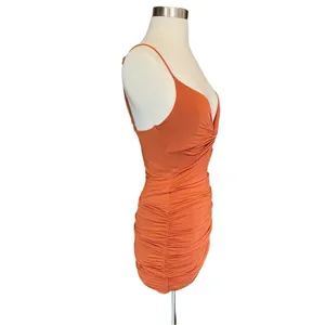 Better Be Ruched Body-con Plunge Mini Dress In Burnt Orange thumbnail 5