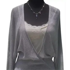 Cache Knit Silver Metallic Peek A Boo Faux Wrap Top New Banded Bottom $98 NWT thumbnail 1