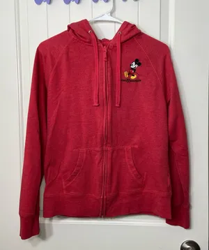 EUC Disney Parks‎ authentic women’s red Mickey Mouse patch full zip sweatshirt M thumbnail 1