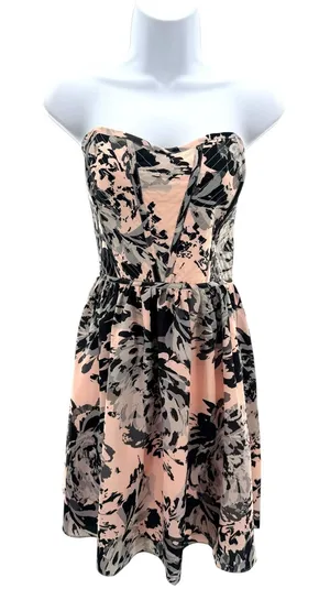 AQUA Strapless Sweetheart Floral Dress‎ Pink Charcoal Grey Whimsygoth Skater M thumbnail 1