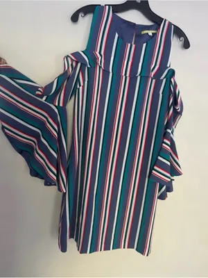 Gianni Bini Multi-Stripe Cold-Shoulder Shift Dress in Blue Teal thumbnail 5