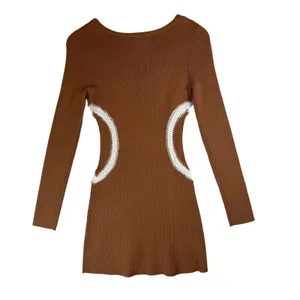 Mon Renn Brown Ribbed‎ Knit Mini Dress Long Sleeve Crochet Trim Detail Small thumbnail 2
