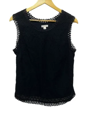 Merona Women‎ Cottagecore Boho Lace Shell Top Large Black Sleeveless Eyelet Trim thumbnail 1