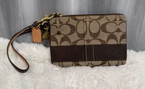 Coach Signature Canvas Wristlet in Khaki and Brown with Leather Strap thumbnail 1