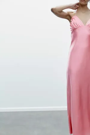 Zara Maxi dress Pink Satin ruffle bodycon party wedding summer evening thumbnail 12