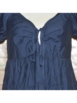 In February Navy Blue Tiered Maxi Dress Size L Milkmaid Puff Sleeve Keyhole Tie thumbnail 3