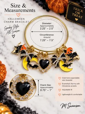 NEW Halloween Spooky Charm Bracelet Gold Rhinestone Bat Cat Witch Moon thumbnail 3