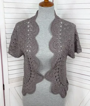 Willi Smith‎ Boho Cottage Crochet Cardigan Shrug Sweater Taupe Medium thumbnail 1