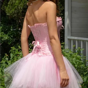 Pink Strapless Corset Top, Bustier Shapewear, Lace Waist Push Up thumbnail 4