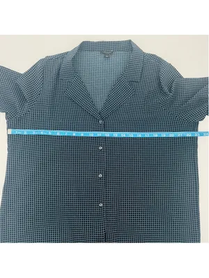 Ann Taylor Navy White Geometric Blouse L Tie Front Button Down 3/4 Sleeve thumbnail 5