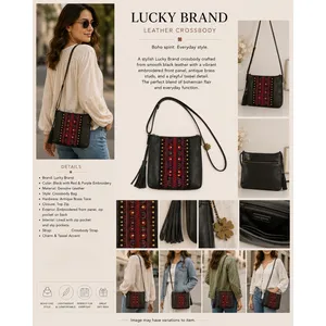 Lucky Brand Leather Crossbody Purse Black Red Embroidered Boho Tassel EUC thumbnail 2