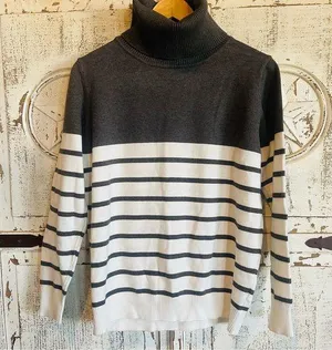 Women’s Black and White Striped Turtleneck Sweater thumbnail 1
