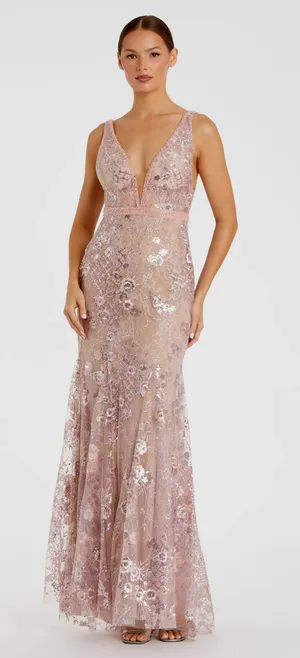 NWT - Mac Duggal 67481 Pink Floral Embellished Sleeveless Plunge Neck Gown thumbnail 1