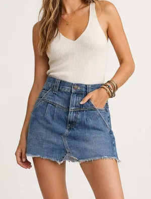 Free‎ People We The Free Raw Hem Pleated Denim Mini Skirt Size 29 Boho thumbnail 1