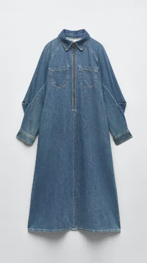 Zara Dress oversize midi denim jeans long sleeve collar casual thumbnail 9