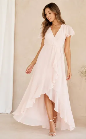 Lulus Blush Pink Ruffle Wrap Maxi Dress XS Flutter Sleeve Wedding Guest thumbnail 1