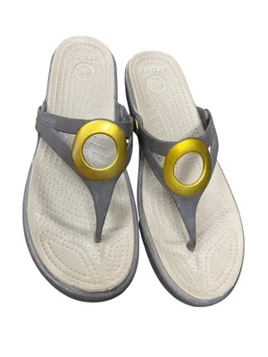 Crocs wms gray faux leather gold ring peep toe sling sandals sz 9W SKU 10-278 thumbnail 12
