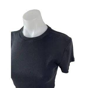 Aritzia TNA Women's Black Ribbed Knit Crew Sculpt Cropped T Shirt Tee Top Size L thumbnail 2