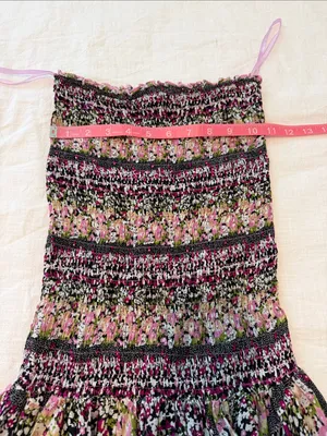 Boho Cottagecore Smocked Cotton Floral Y2K Handkerchief Hem Strapless Dress S thumbnail 9