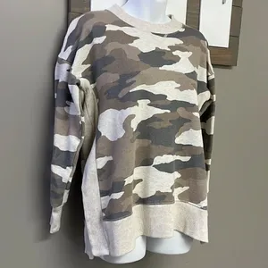Aerie Tan Camo Crew Neck Mixed Textured Sweatshirt w/ Large Slide Slits- XS thumbnail 3